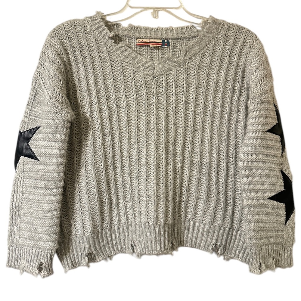 Vintage Havana Kids Girls Medium Distressed Star Patch Gray Ribbed Knit Sweater